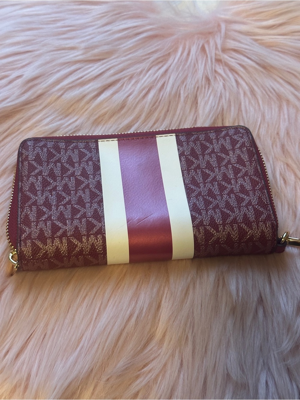 Michael Kors Rose Pink Signature Zip Wallet with Cream Stripe
